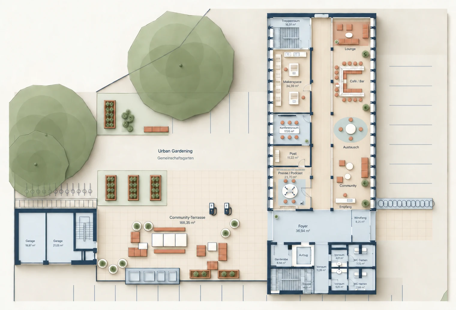 Grundriss des Erdgeschosses mit Community-Bereichen, Garten und Terrasse